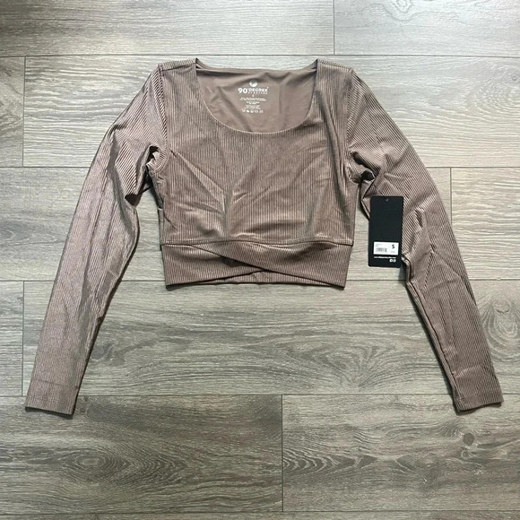 NWT 90 Degree by Reflex Ribbed Long Sleeve Light Brown Crop Top Size S Yoga Run - Picture 1 of 6